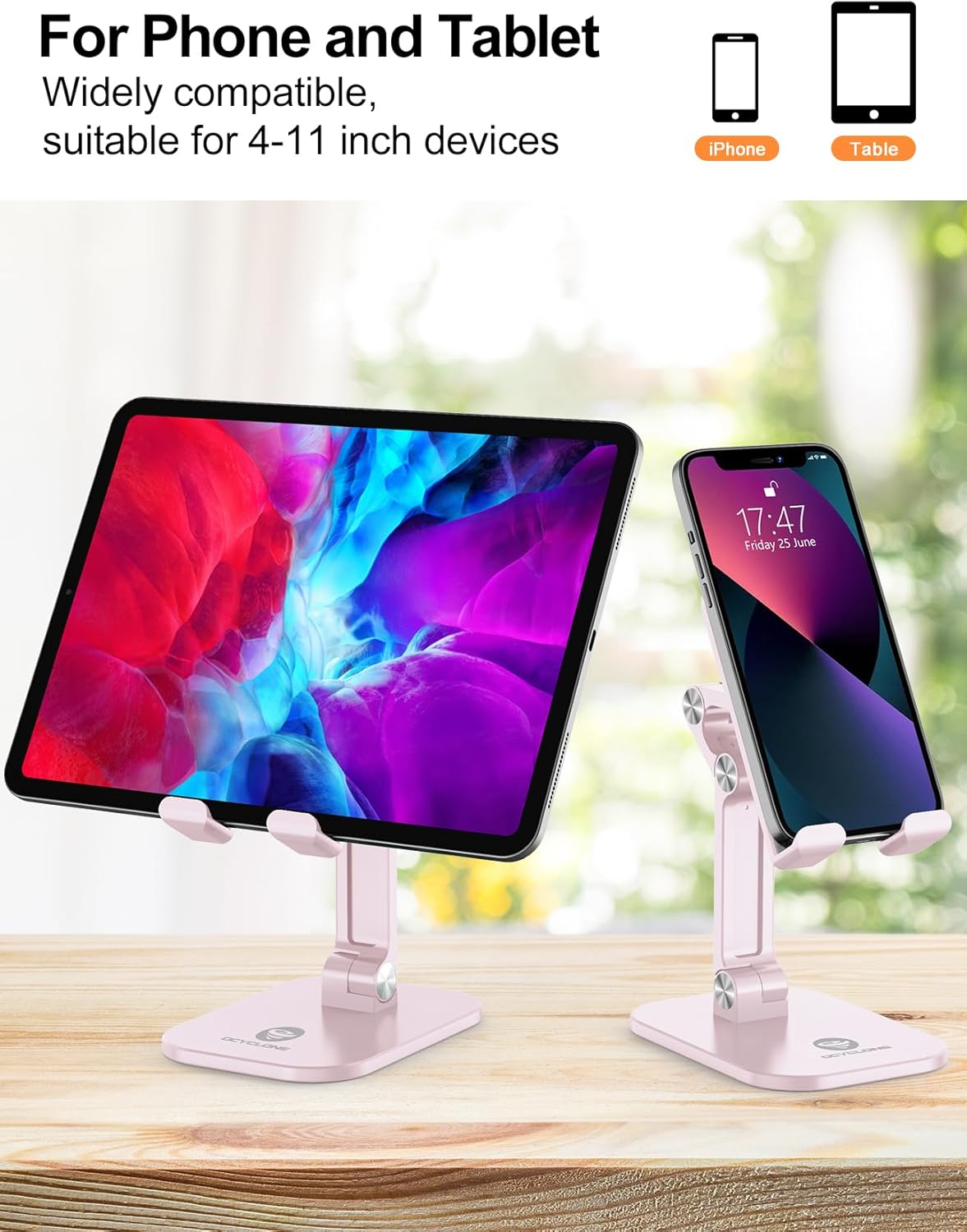 OCYCLONE Phone Stand, Cell Phone Stand Holder for Desk Office Accessories Adjustable Height and Angle Foldable iPhone Stand Compatible with 4"-13" All Phones iPad Tablet - Black