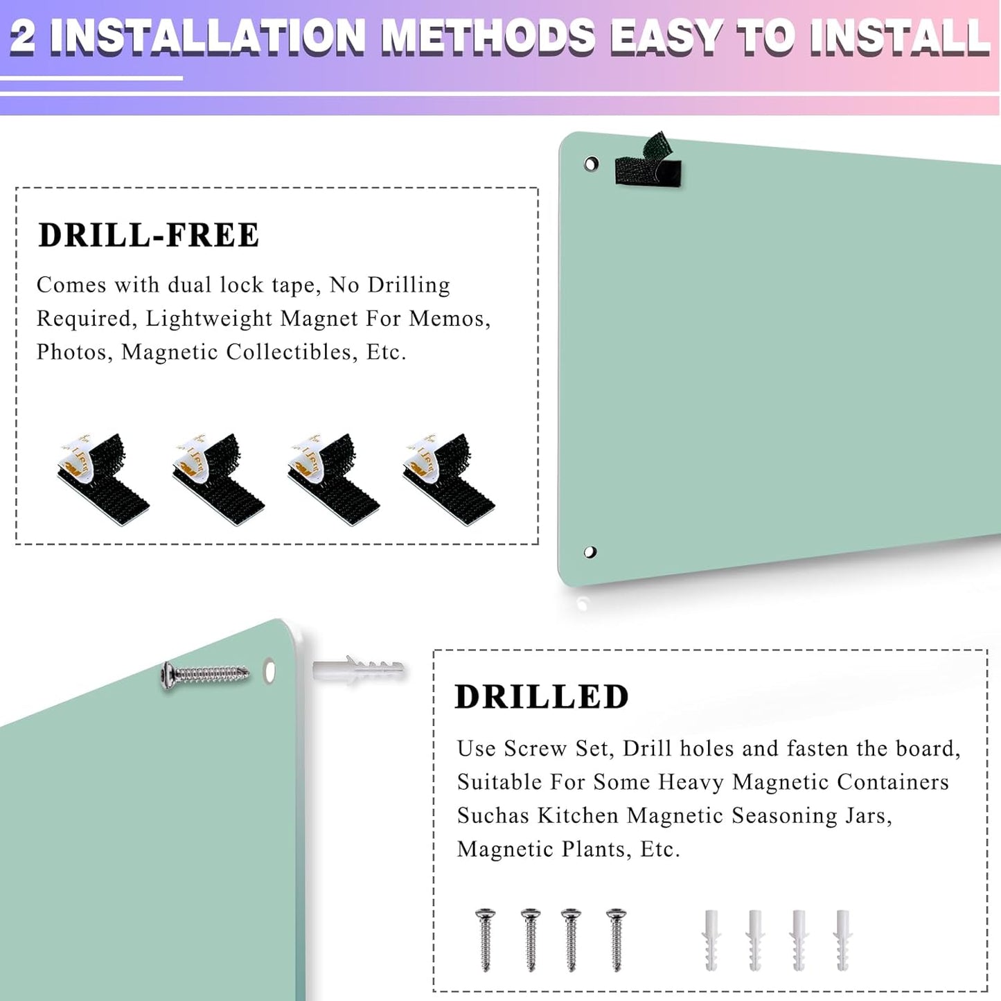 2Pack Black Magnetic Board,17.5" x 11.4" Magnet Bulletin Board to Display Magnetic Notes, Poetry, Photos, Suitable for Wall, Refrigerator, Cabinet etc, Come with 8 Pcs Dual Lock Tape and Screws