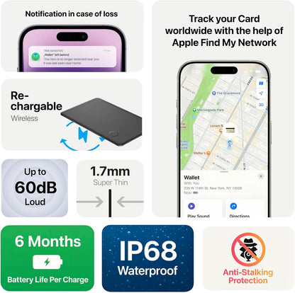 Wallet Tracker Card, Rechargable, Works with Apple Find My, iPhone (iOS Only), Bluetooth Item Locator for Luggage, Bags, Passport, IP68 Waterproof (1 Pack)