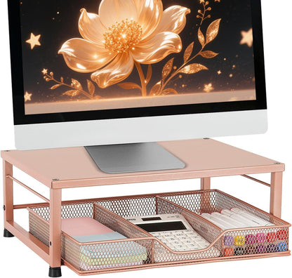 Wood Metal Monitor Stand Riser, Laptop Stand for Desk, Office Desk Organizer and Accessories, Computer Desktop Shelf with Drawer and Pen Holder, Printer Stand for Home, Office, Dorm (Natural Wood)