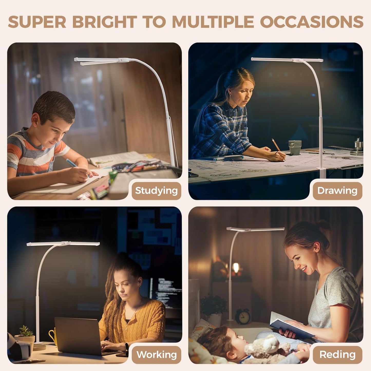 Voncerus LED Desk Lamp for Home Office, Double Head Architect Light with Clamp, Computer Monitor Clip on Light, 3 Modes and 10 Brightness, Adjustable Flexible Goose-Neck, Table Task Lamp, Black