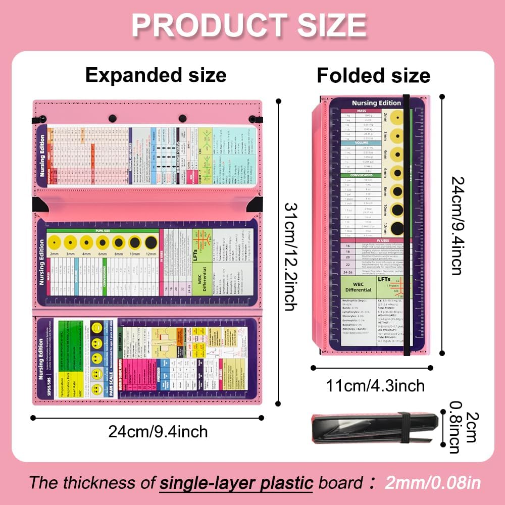Vuzvuv Nursing Foldable Plastic Clipboard 3 Layers with Medical Edition Cheat Sheets, Pink Pocket Foldable Nurse Clip Boards Notepad for Students,Doctors and Medical Staff