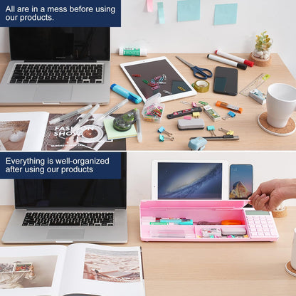 TSJ OFFICE Small Desktop Whiteboard -Glass Dry Erase Board Computer Keyboard Stand White Board Surface Pad with Drawer, Desk Organizers with Accessories for Office, Home, School Supplies - White
