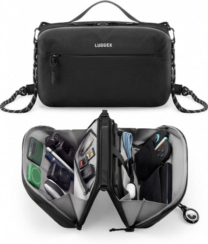 LUGGEX Large All-in-One Tech Pouch, CBX01 Cable Organizer Bag with Removable Crossbody Strap, Double Accessories Bag & Water Resistant for Kindle, Chargers, Cord, Earphone for Travel Office, Black