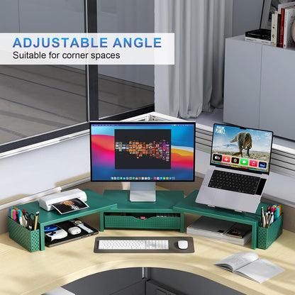 gianotter Dual Monitor Stand Riser, Desk Organizer With Drawer and 2 Pen Holders,Computer Monitor Stand, Desk Shelf for Top of Desk, Wood