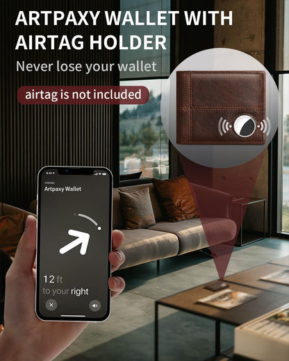 Mens Wallet With AirTag Holder, Bifold Leather RFID Blocking 1-2 ID Windows 12-13 Card Holders, Gift Box and Screen Protector Included, AirTag Not Included