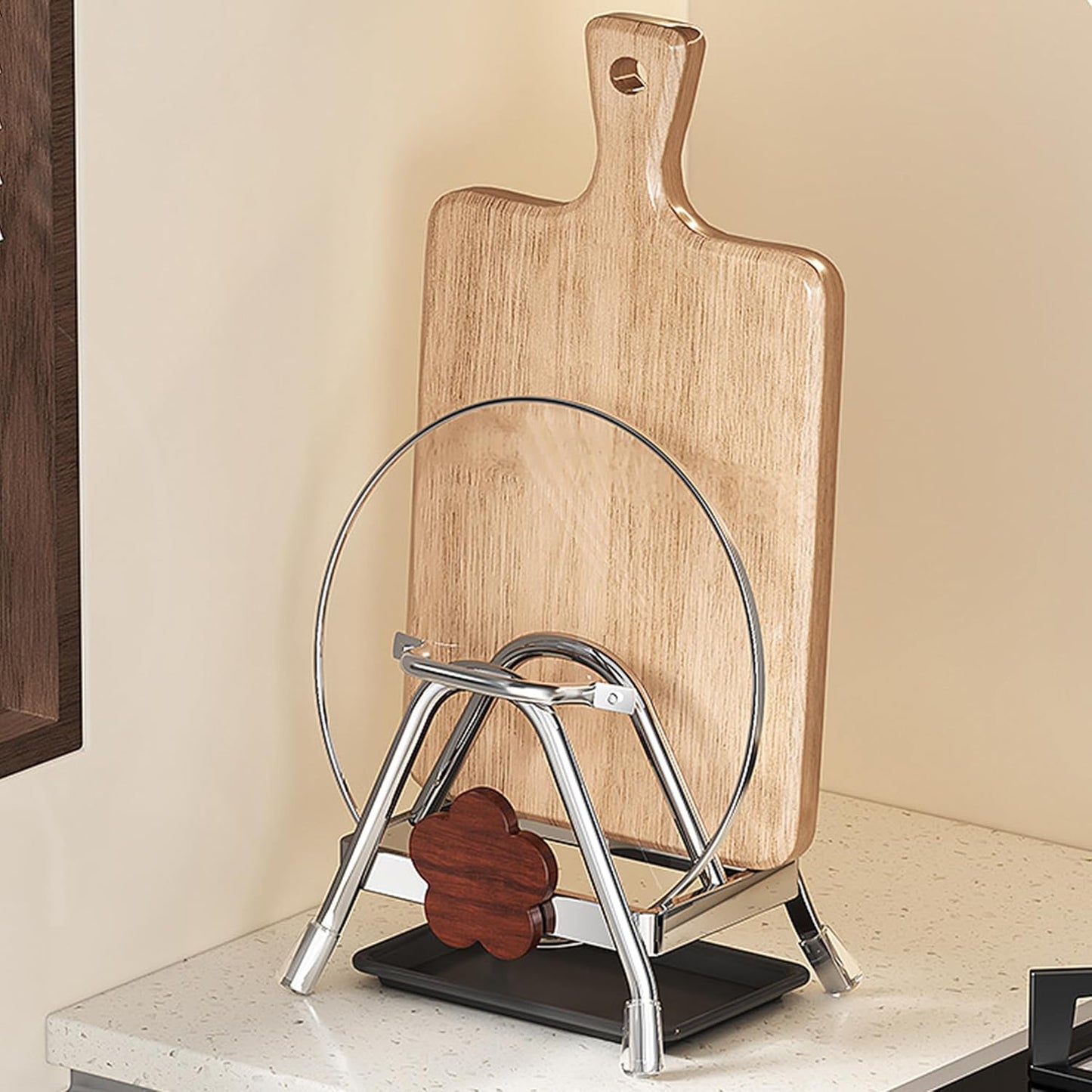 Cutting Board Rack - Stainless Steel Chopping Board Pot Lid Holder Stand with Flower Decor, Stable Triangle for Kitchen Countertop Pots Pan Plate Cutting Boards Cooking Mats Cookware