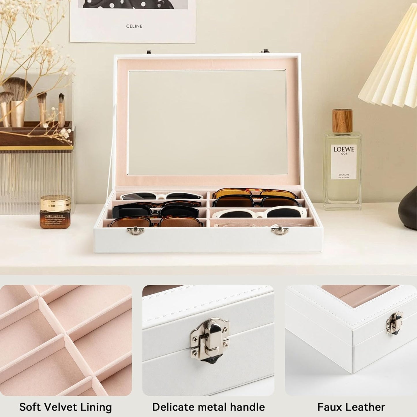 Frebeauty Sunglass Organizer,PU Leather Glasses Organizer,8-Slot Sunglasses Tray,Men's/Women's Sunglasses Box,Sunglass Case,13.3 x 9.6 x 1.5 Inches,Eyeglass/Eyewear Display Tray(Grey)