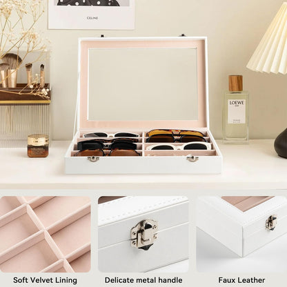 Frebeauty Sunglass Organizer,PU Leather Glasses Organizer,8-Slot Sunglasses Tray,Men's/Women's Sunglasses Box,Sunglass Case,13.3 x 9.6 x 1.5 Inches,Eyeglass/Eyewear Display Tray(Grey)