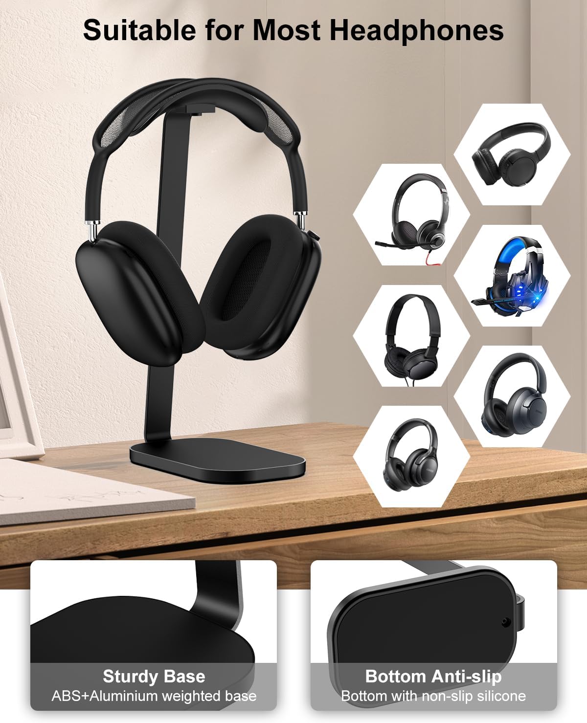 VICHYIE Headphone Stand for AirPods Max, Headset Holder with Aluminum Supporting Rod, Heavy Base Desk Stand Headphones Support Accessory for All Headphones - Silver White