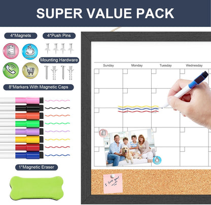Calendar Whiteboard for Wall, TANKEE 17x13 Inches Whiteboard Calendar Cork Board Combo, Small Magnetic White Board with Wood Framed, Hanging Dry Erase Board for Kitchen Home Office School Planner