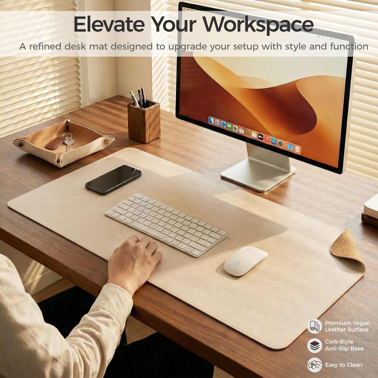 Premium Faux Leather Desk Mat & Tray Set，Innovative Cork-Look Printed Base，Gift Tube Packaging，Full-Desk Coverage，Non-Slip Desk Pad for Office Home（Olive Green）