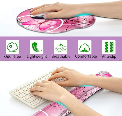 RICHEN Keyboard Wrist Rest and Mouse Pad with Wrist Support, Memory Foam Set for Gaming and Office, Comfortable & Lightweight for Easy Typing & Pain Relief (White Butterflies)