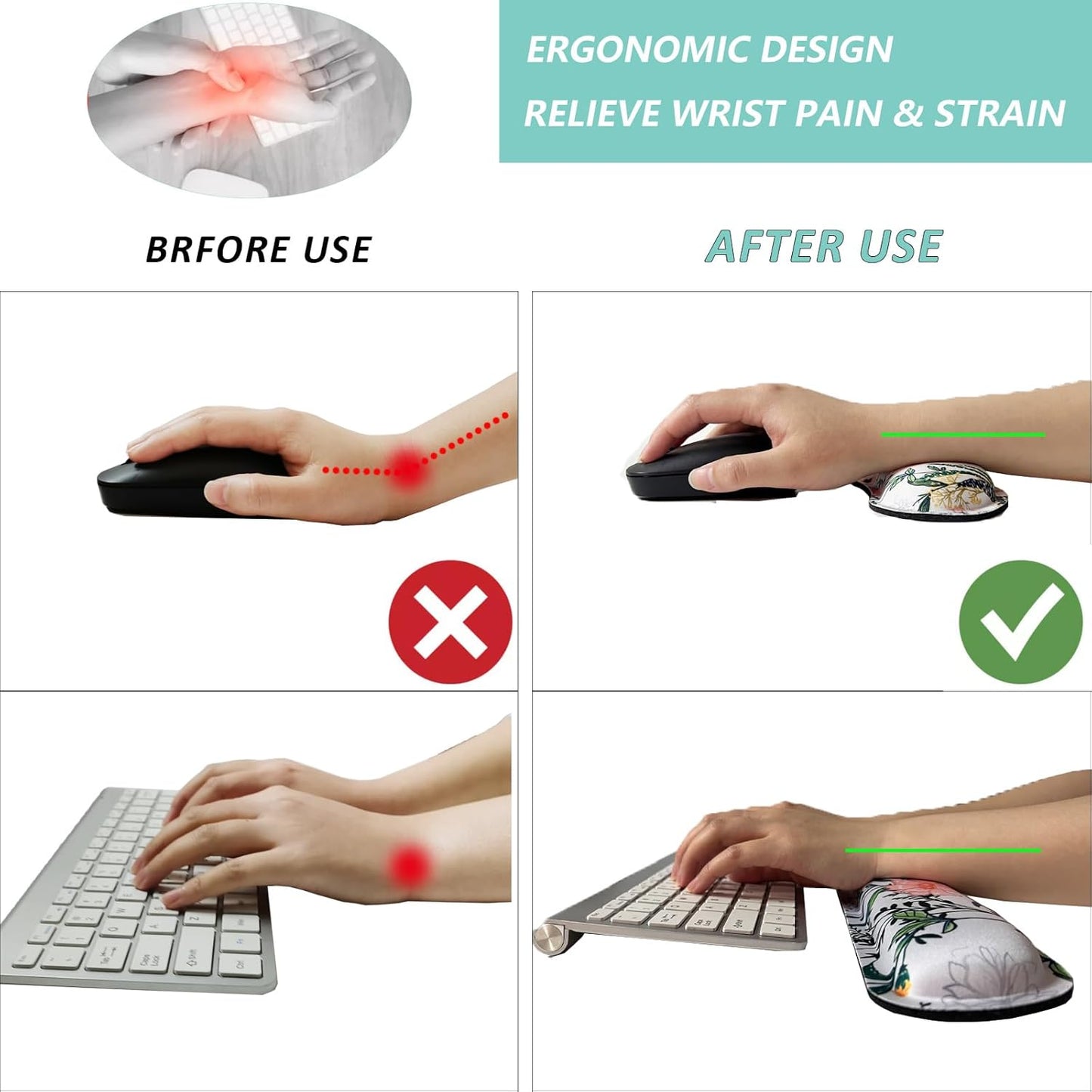 Keyboard Wrist Rest Mouse Wrist Support Set, Memory Foam Wrist Rest Pad for Computer Laptop Keyboard Mouse, Ergonomic Wrist Cushion Support for Typing Pain Relief, Gaming Home Office, Flowers Grass