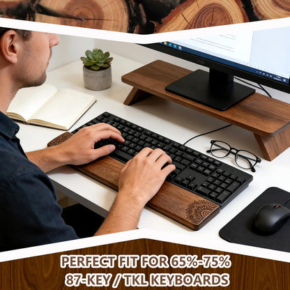 14.2in Walnut Wooden Wrist Rest for 87-Key/TKL Keyboards – Premium Ergonomic Palm Support, Natural Smooth and Comfort Desk Setup Wrist Pad with No-Slip Rubber Base – Office Typing & Gaming Accessory