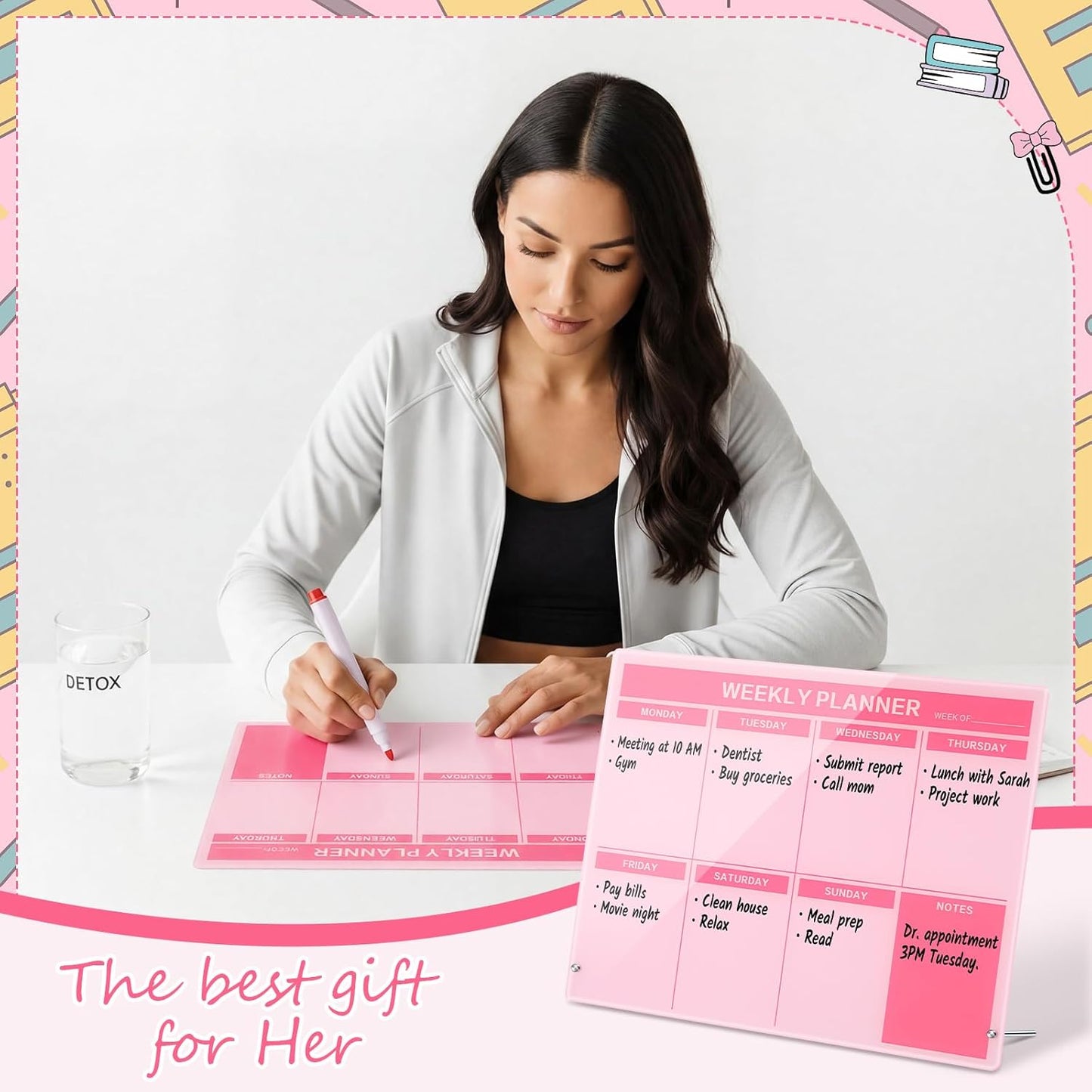 Desktop Acrylic Weekly Planner Board Acrylic Calendar Dry Erase Board with Stand to Do List Planner Boards with Daily Schedule and Markers for Family Home Office(Sage Green)