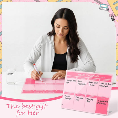 Desktop Acrylic Weekly Planner Board Acrylic Calendar Dry Erase Board with Stand to Do List Planner Boards with Daily Schedule and Markers for Family Home Office(Sage Green)