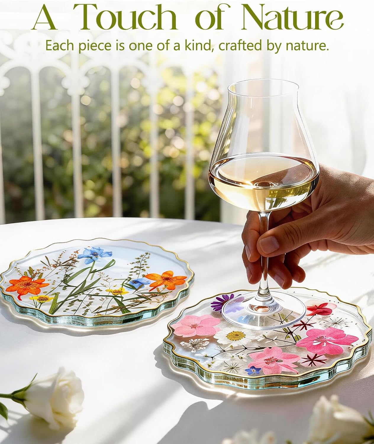Oqplog Resin Drink Coaster for Desk Coffee Table-Pink White Cute Dried Flowers Cup Coaster for Work Office Home Outdoor Decor Gifts for Girls Women,1 Pcs Wave