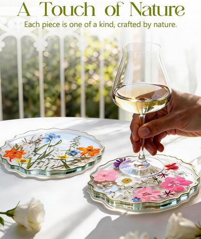 Oqplog Resin Drink Coaster for Desk Coffee Table-Pink White Cute Dried Flowers Cup Coaster for Work Office Home Outdoor Decor Gifts for Girls Women,1 Pcs Wave