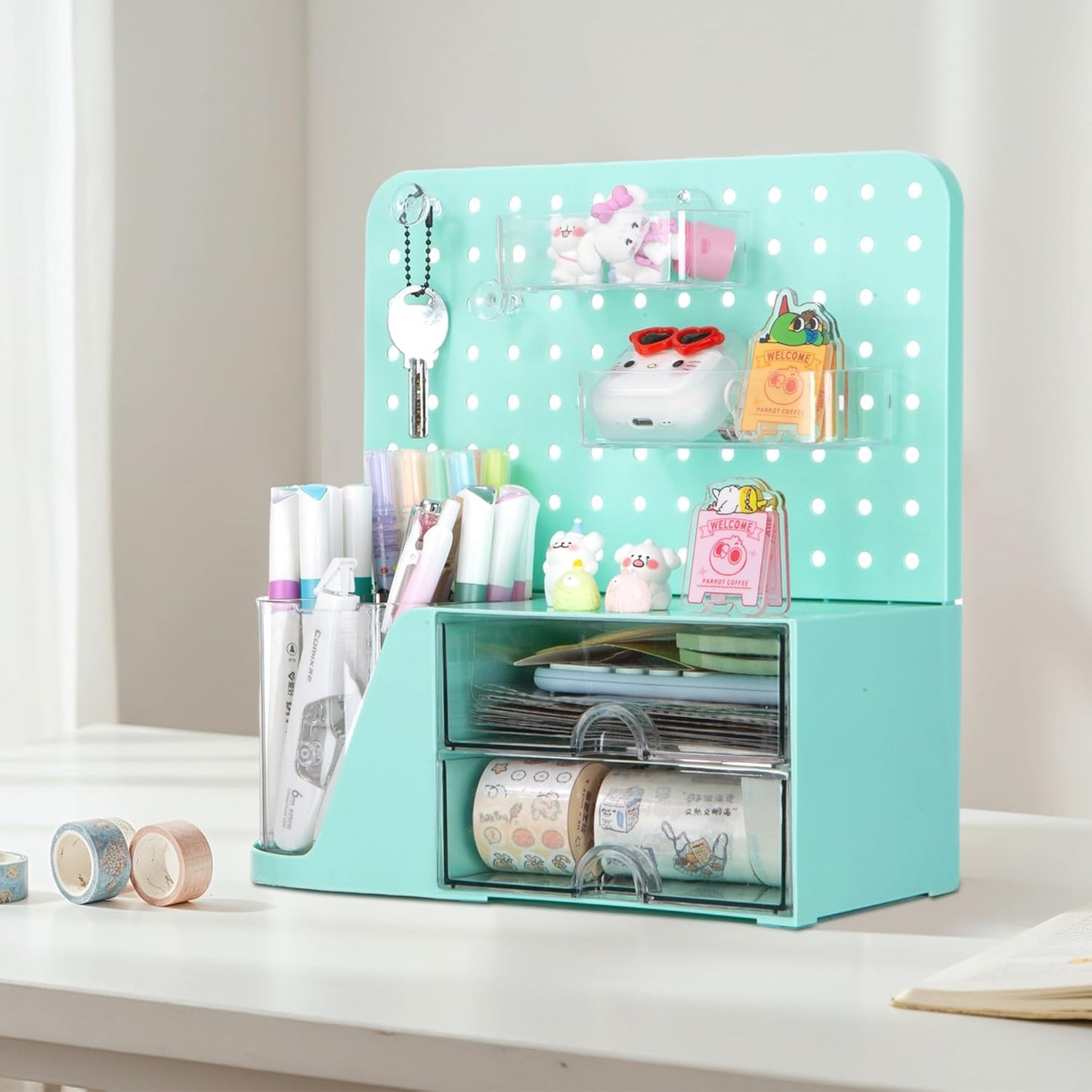 Comix 360° Rotating Pen Holder for Desk, Cute Pencil Holder Pen Organizer, Green Acrylic Pencil Cup Caddy with 5 Slots for Home School Office Supplies
