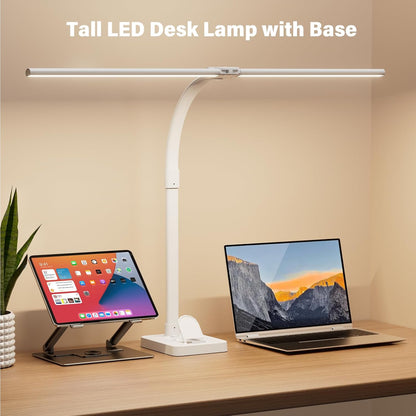 LED Desk Lamp with Base - Bright Dimmable Computer Lamp with Phone Holder, 24W Bendable Desk Light for Monitor Screen, Eye-Caring Tall Desktop Light for Task Home Office Work, Black, Dual Head