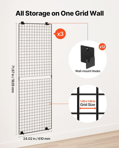VEVOR 3 Packs Grid Wall Panels, 2 x 6 ft Wire Grid Panels Display Rack, Wall-Mounted Art Display Shelf, Black Carbon Steel Wall Hanging Gridwall for Craft Show, Decoration, Storage, Notice Board