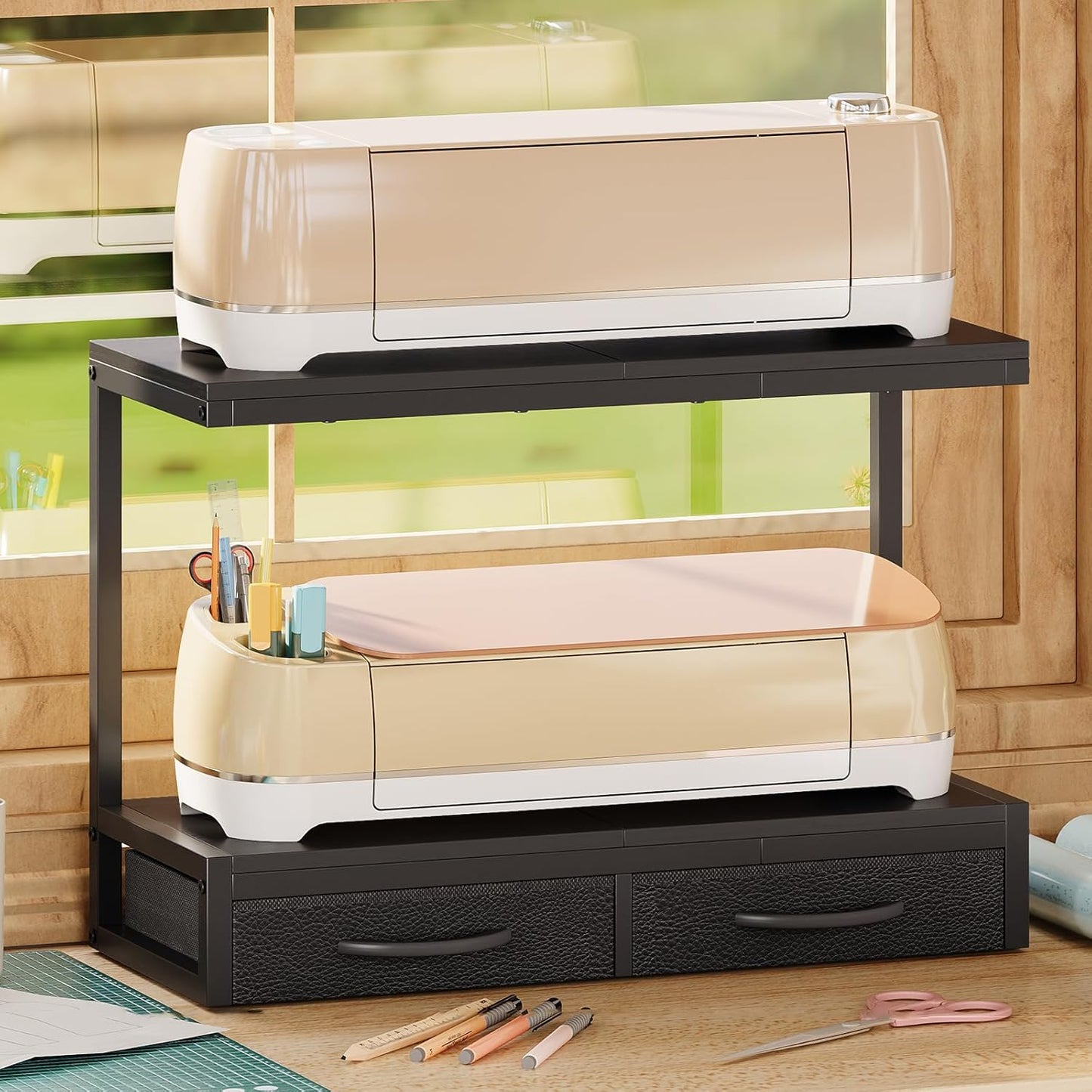 VENNQD Stand Compatible with Cricut Maker and Cricut Explore Air Series Stand Legs for 2 Cricut Machines Fully Open 2 Tier Desktop Craft Accessories Storage Organizer (White)