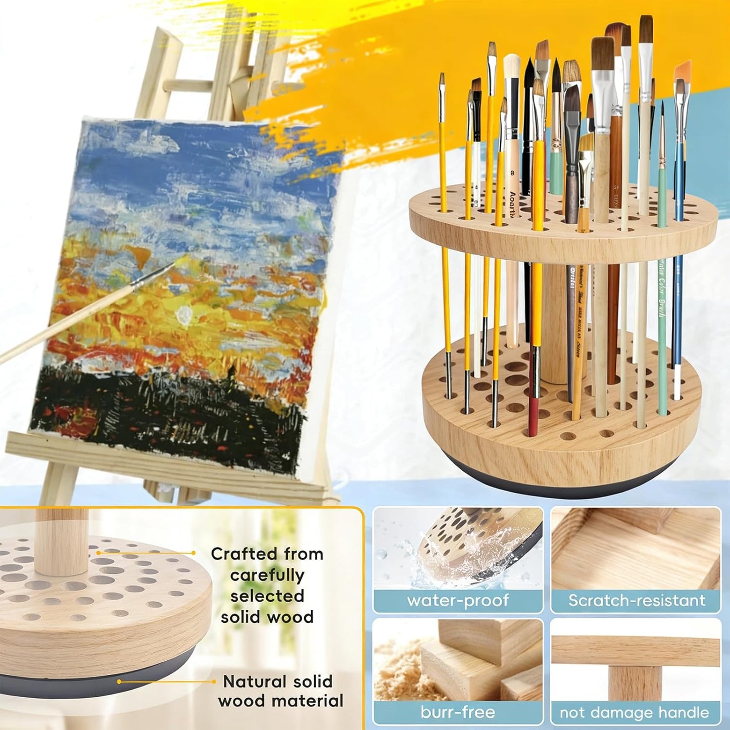360 Degree Friction-Free Rotating Paint Brush Holder, 52 Multi-Size Hole Natural Hardwood Storage Stand, Space-Saving Desktop Organizer for Artist, Watercolor, Makeup Brushes and Craft Tools (brown)