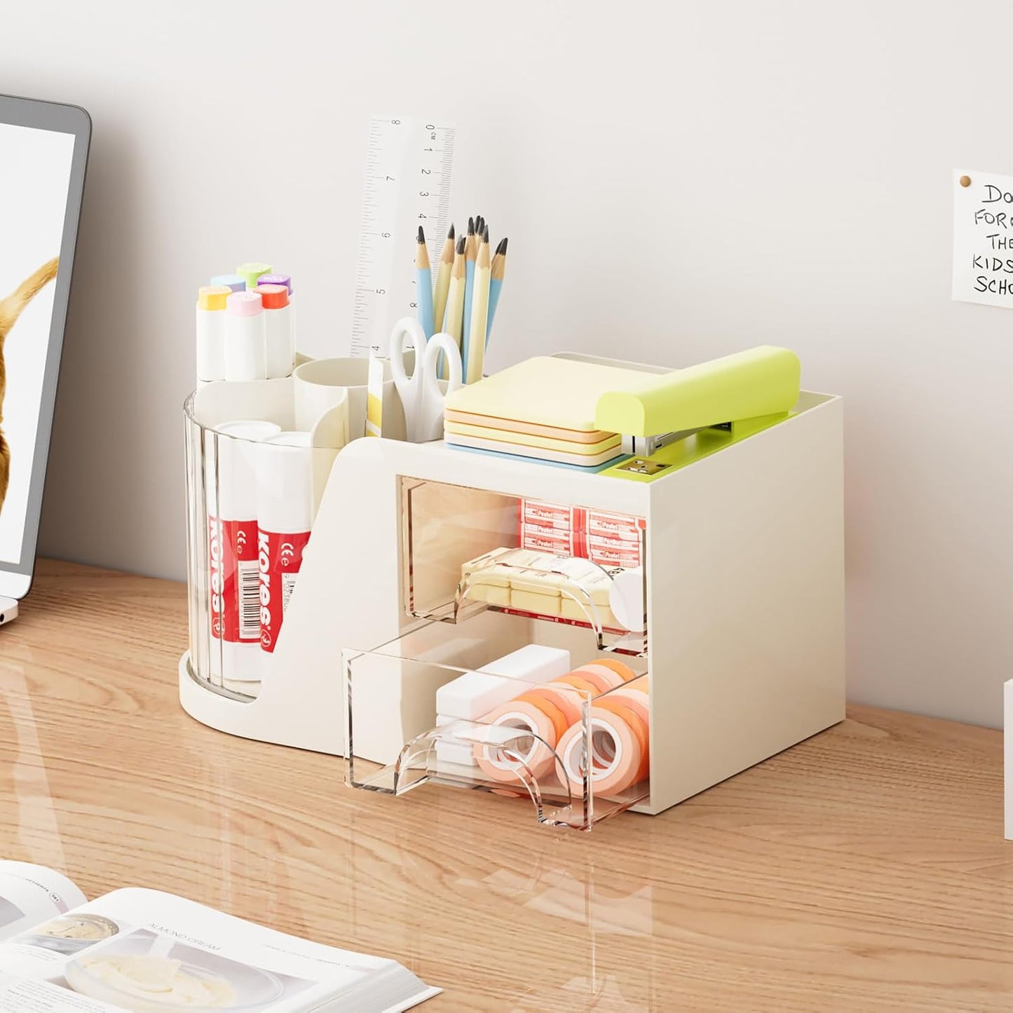Marbrasse Desk Organizer with 2 Drawer, 360°Rotating Pen Holder, Desk Organizers and Accessories with 6 Slots Pencil Holder + 2 Drawer, Art Supply Storage Box Caddy for Office (Black)