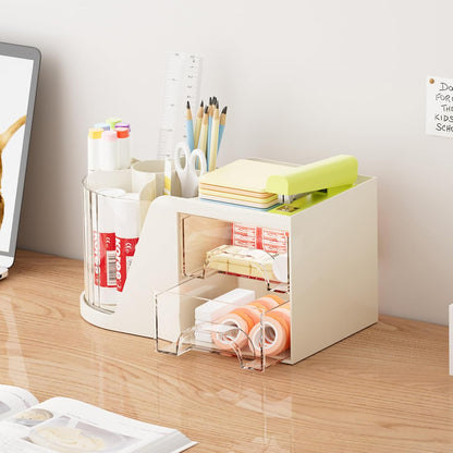 Marbrasse Desk Organizer with 2 Drawer, 360°Rotating Pen Holder, Desk Organizers and Accessories with 6 Slots Pencil Holder + 2 Drawer, Art Supply Storage Box Caddy for Office (Black)