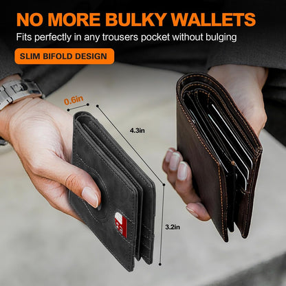 Wallet for Men Slim RFID Blocking Bifold Carbon Fiber,Minimalist Small Compact Front Pocket Credit Card Holder,Thin Mens Leather Wallets Smart Security With 2 ID Windows 1 Cash,Birthday Gifts for Men