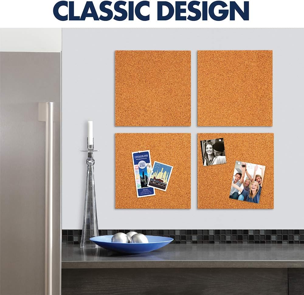 Quartet Cork Tiles, Bulletin Board Cork Panels 12" x 12" x 3/16", Natural, 4 Pack (102)