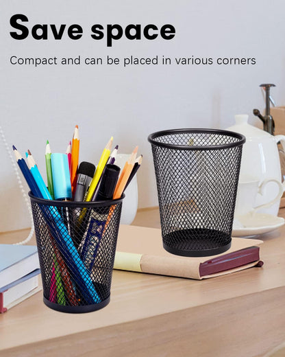QYH Mesh Pen Cup Metal Pencil Holder for Desk 6 Packs Black Pen Organizer Office 3.54x3.93 Inch