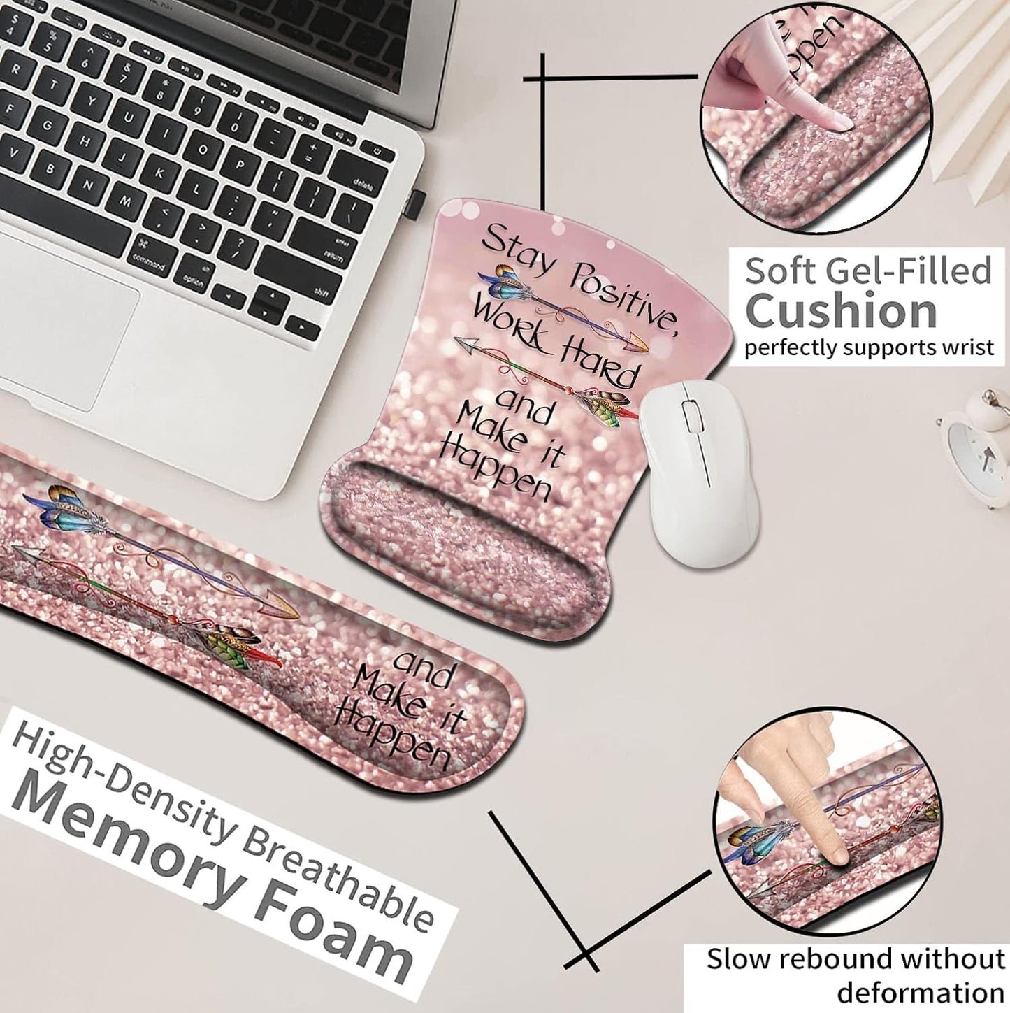 Mouse Pad with Wrist Support, Ergonomic Gel Mouse Pad Beautiful Flowers,Non-Slip Durable, Memory Foam Keyboard Wrist Rest, Suitable for Office Typing Games, Pink Hyacinths on Wood Panel