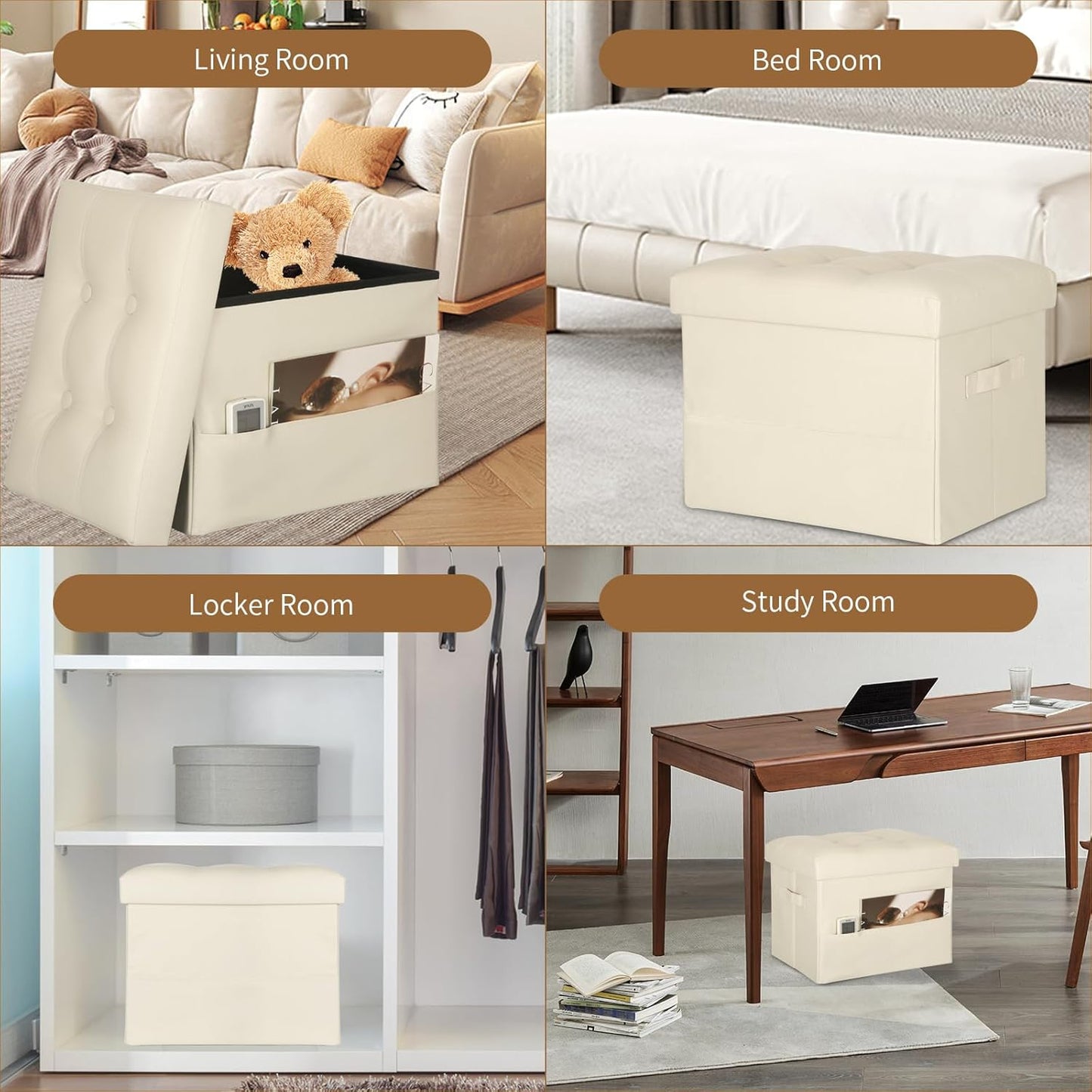 BelugaHelper Storage Ottoman Foot Rest Stool, Foldable Leather Footstool Storage Bench with Thicker Foam Padded Seat. Foot Rest Under Desk for Living Room Bedroom 350 lbs, 17x13x13 in, Brown