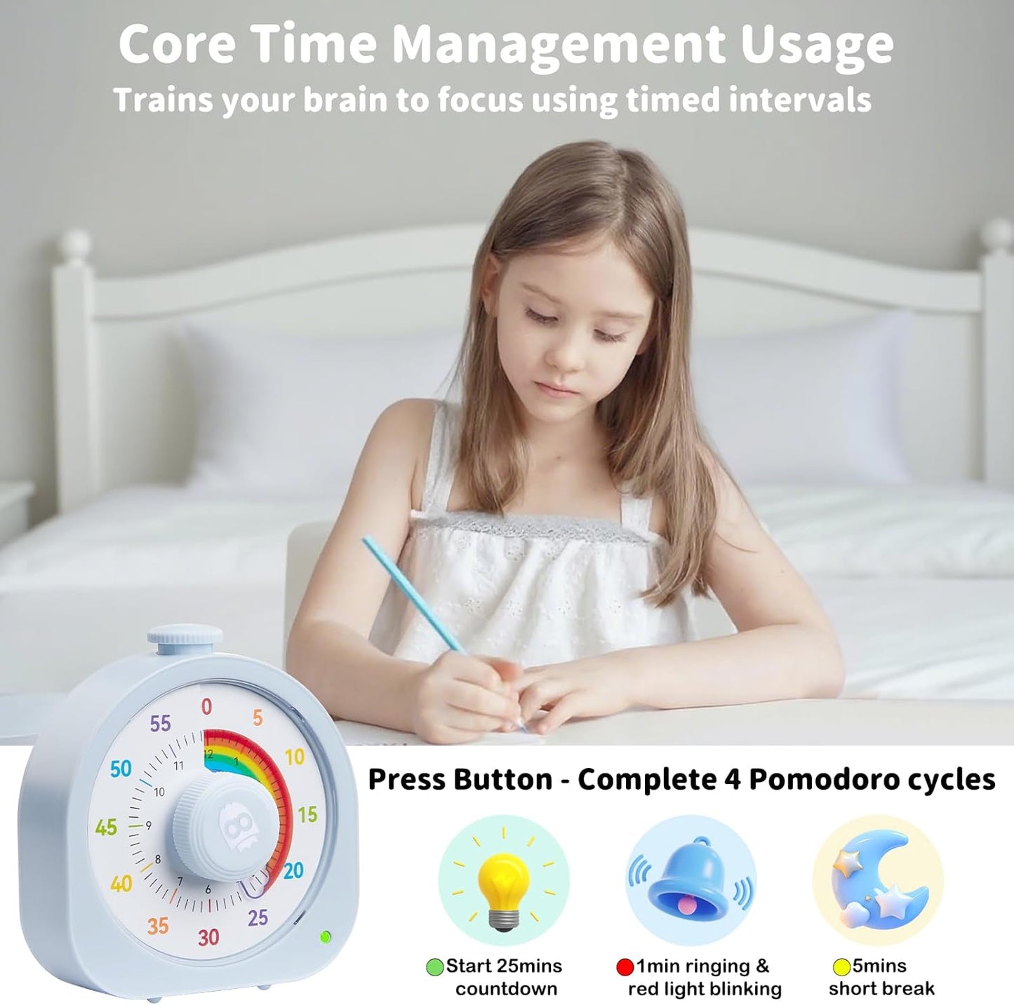 Visual Timer for Kids and Adults 60 Min/12 Hour Rechargeable Countdown Timer with Magnetic Sticker and Mute Function Kids Pomodoro Timers for Classroom Office Kitchen Silent Operation & Rainbow Disk