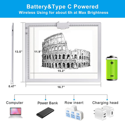 TOHETO A3 Light Pad, Rechargeable Light Board for Diamond Painting, Tracing Light Box with Stand and Clip, Light Table Lightbox for Tracing, Drawing