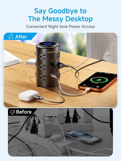 Tower Power Strip Surge Protector with 16 Outlets and 5 USB Ports (2 USB-C), 6FT Extension Cord with Multiple Outlets,Heavy Duty Charging Station,Home Office Dorm Room Essentials. No Wireless Charging