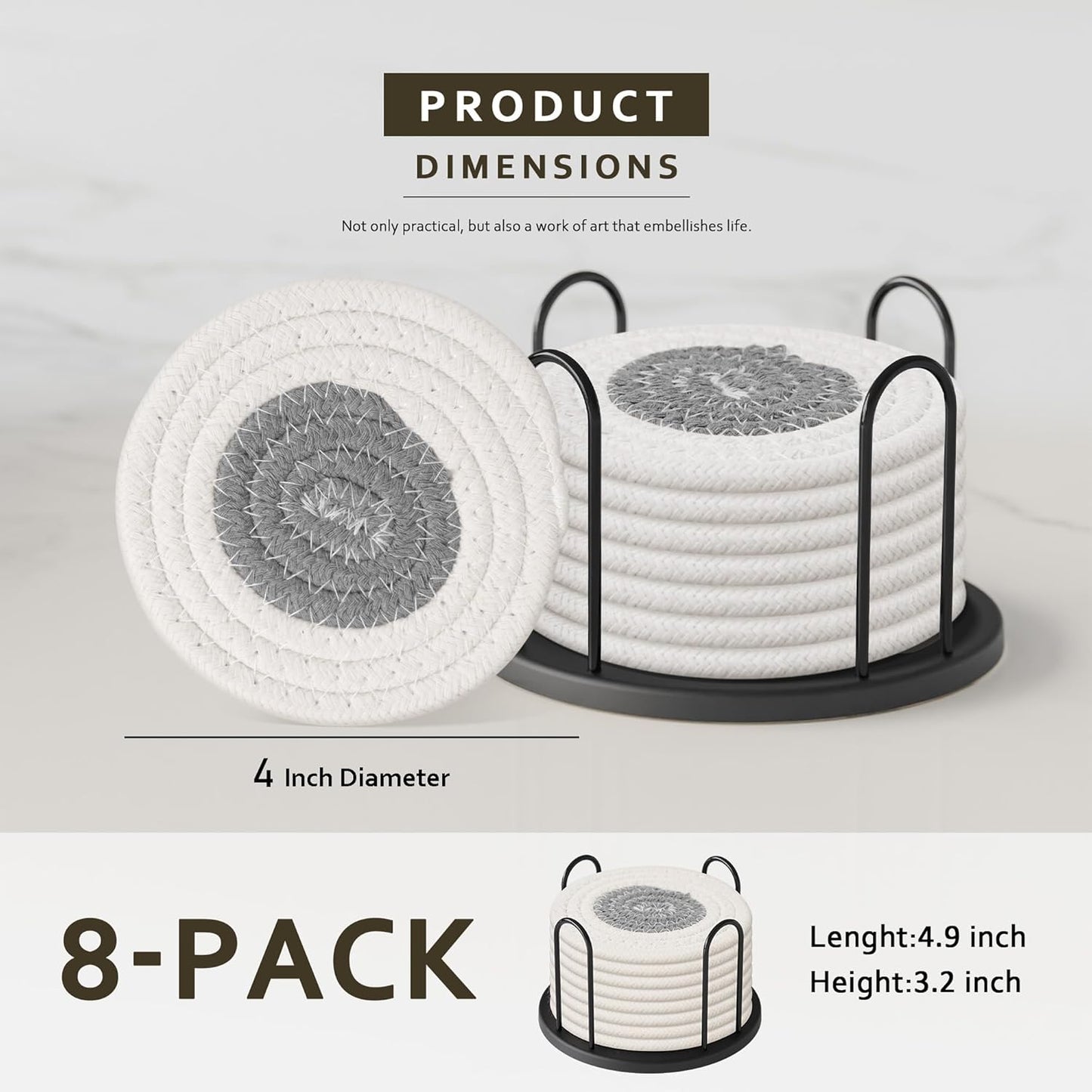 Lazebox Coasters Set of 8 for Drinks, 4 Inch Large Coasters for Coffee Table, Tabletop Protection for Hot & Cold Drinks, Versatile Coasters for Home Decor, Non-Slip & Easy to Clean, Coffee