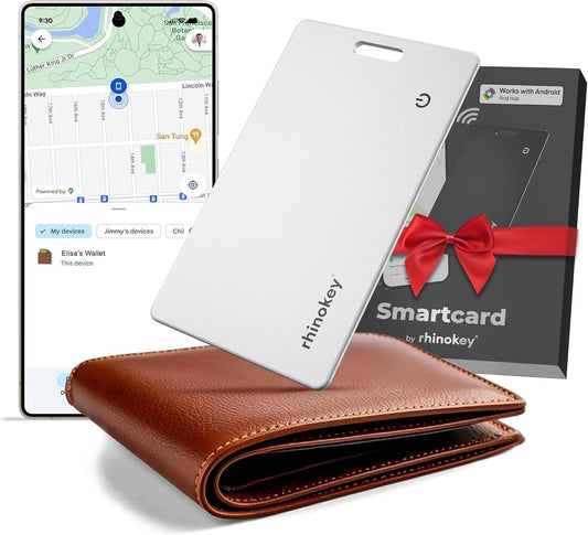 Rhinokey® Wallet Tracker Card (Android Only) 0.07in Slim Rechargeable Smart Tracking Card Works with Google's Find Hub IP68 Item Finder with Key Chain Hole for Luggage Tags (2 Pack - Android)