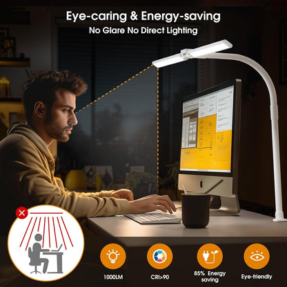 SIBRILLE LED Desk Lamp for Home Office - Dimmable Computer Desk Light with Clamp, Modern Architect Task Lamp with Color Changing, Flexible Desktop Lamp with Gooseneck for Monitor, Double Head, White