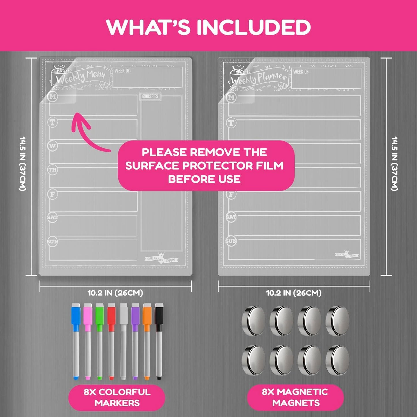CHALKY CROWN Magnetic Dry Erase Menu Board for Fridge Includes 4 Liquid Chalk Markers - Weekly Meal Planner Blackboard, Grocery List & Notepad for Kitchen Refrigerator - Chalkboard Magnet 15.6" x11.6