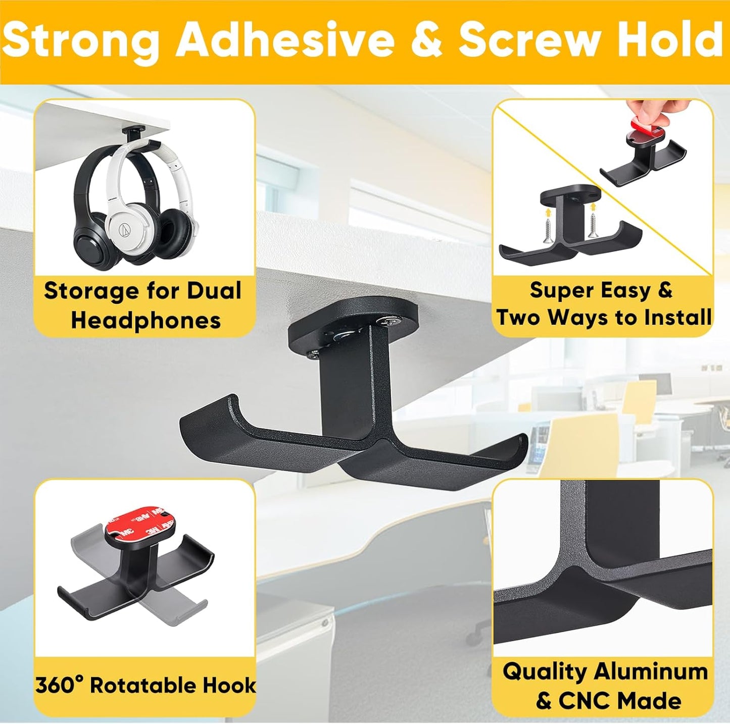 Under Desk Headphone Hanger with Strong Adhesive and Screws Mount, 360° Rotatable Dual Headset Holder Stand, Aluminum Metal Adjustable Headphone Hook, Perfect for Home Gaming & Office - Black