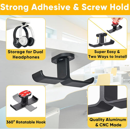 Under Desk Headphone Hanger with Strong Adhesive and Screws Mount, 360° Rotatable Dual Headset Holder Stand, Aluminum Metal Adjustable Headphone Hook, Perfect for Home Gaming & Office - Black