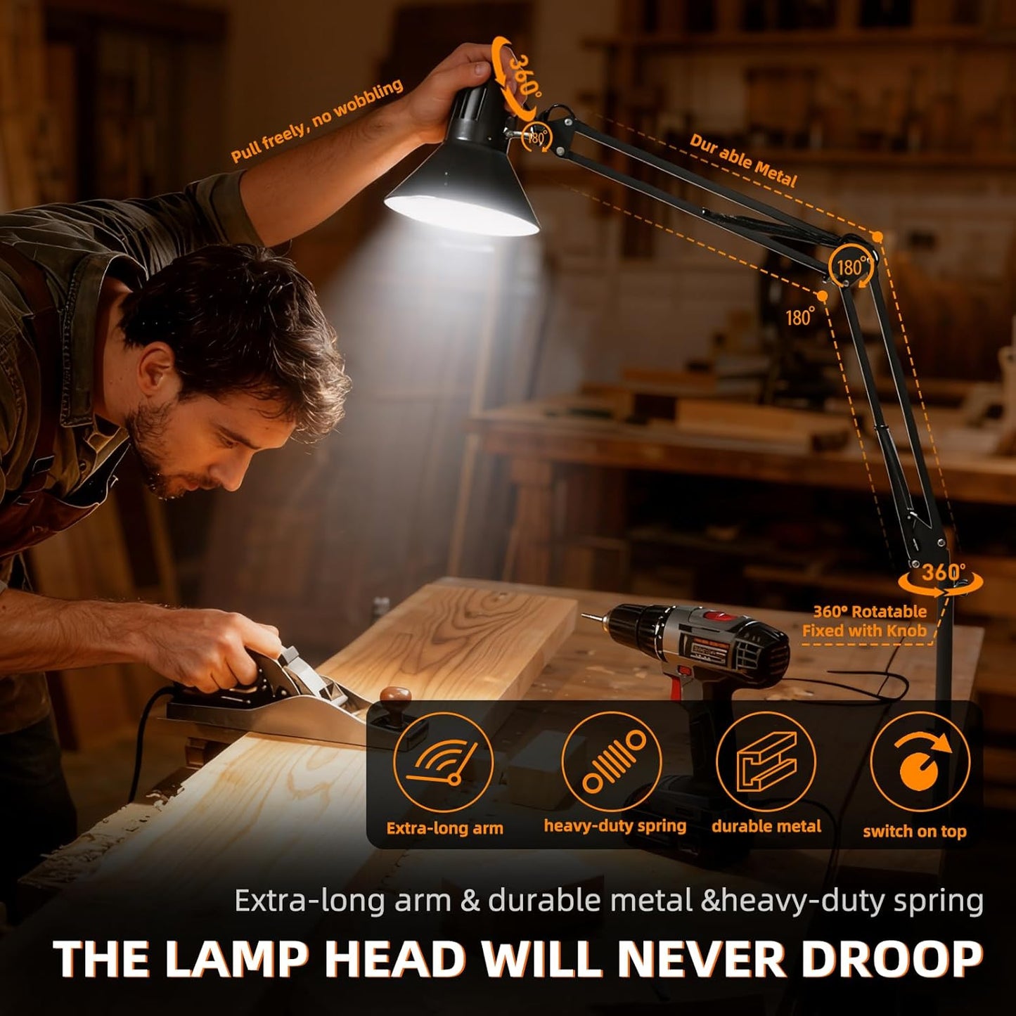 Desk Lamp With Clamp for Home Office, Eye-Caring Clip on Light with Adjustable Extra Tall Metal Swing Arm, High Intensity Clamp Lamp w/LED Bulb, Architect Task Table Lamps for Study, Workbench-B/5000k