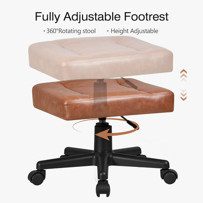 VECELO Under Desk Footrest, PU Ergonomic Foot Rest with Wheels, Comfort Padding, Height Adjustable for Relieving Leg Pain, Stiffness, Black