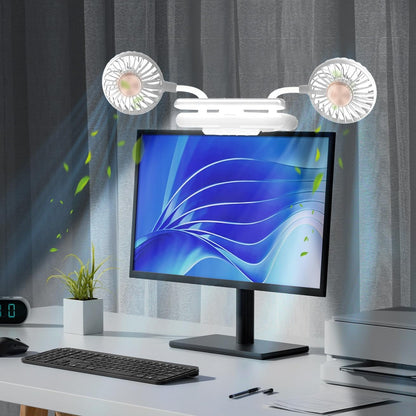 USB Monitor Clip on Fan via Flip-Open LED Light Bar, Two-Head Personal Cooling desktop Laptop Quiet USB Fan for Office, 3 Wind Speeds, for Flat, Curved Monitors (Deepsea Blue)