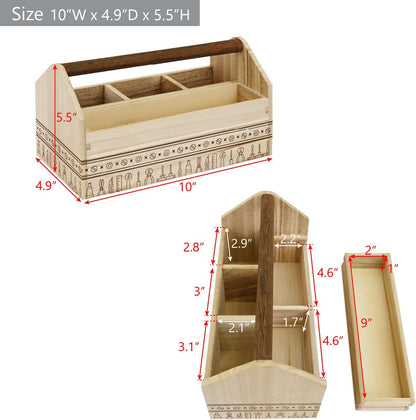 Ikee Design Small Natural Wood Color Wooden Craft Tool Box Caddy with a Handle for Storage Tool, Makeup, Collections with 5 Compartments for Storage and Organizing, 10 W x 5.1 D x 3.5 H in