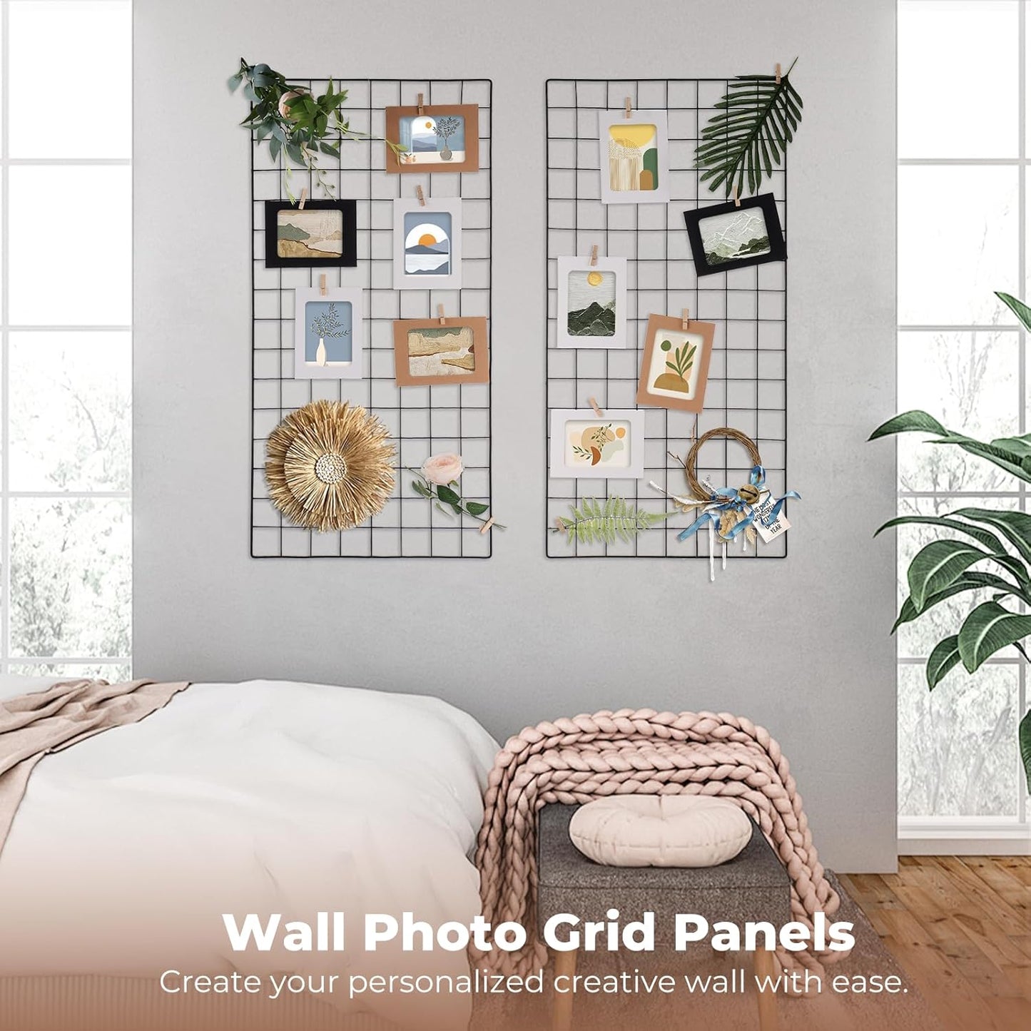 Lnrueg Wire Wall Grid Panel with Wall Grid Shelf with Photo Frames for Photo Display, Metal Mesh Message Board Memo Boards, Heavy Duty Gridwall Display Rack for Art Retail Display (Black-A)