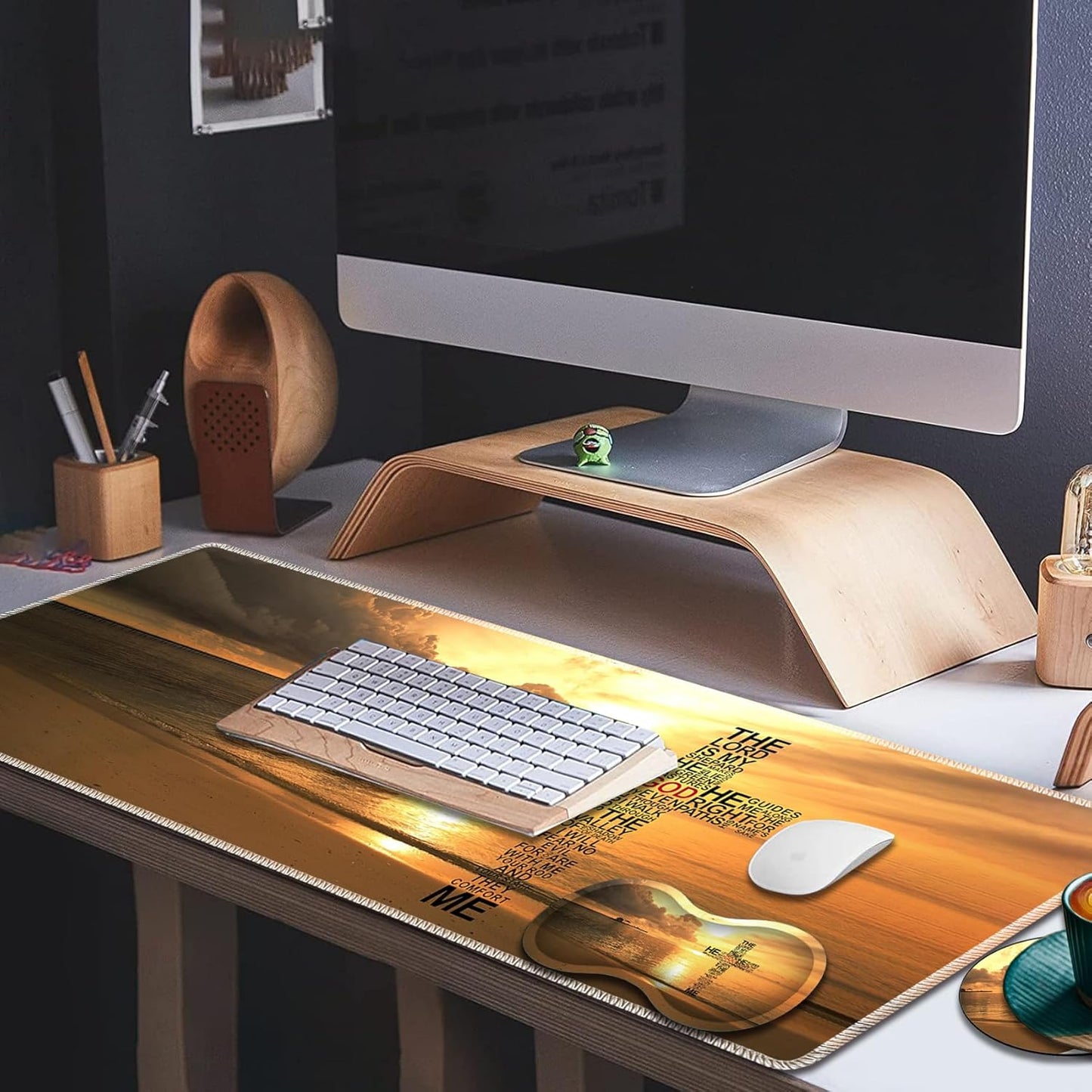 Mouse Wrist Rest and Keyboard Wrist Rest Pad Set, Non-Slip Rubber Base Smooth Surface Ergonomic Gaming Mouse Pad for Easy Typing and Pain Relief, Antique Blue Wood Grain Dog Paw + Coaster
